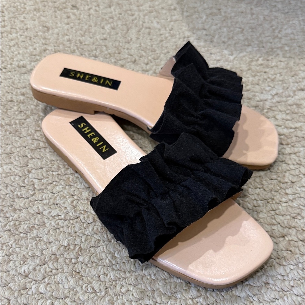 SHEIN Black Ruffle Slide Sandals with Nude Footbed